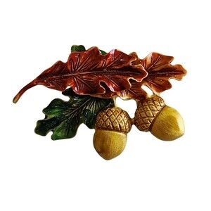 Golden Acorns Vintage Fall Tree Colors Enamel Leaves Brooch Pin Signed Tona